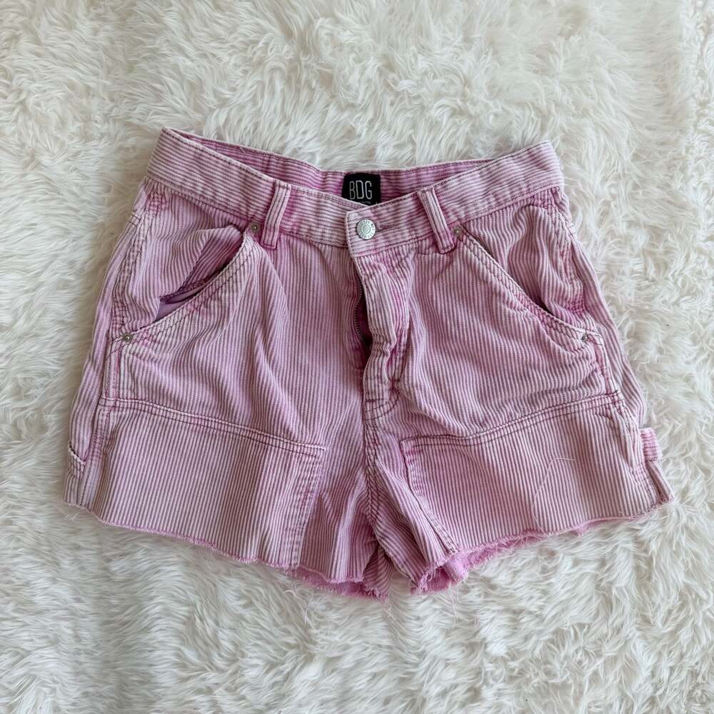 BDG High-Rise Carpenter Corduroy Frayed Hem Shorts in Pink